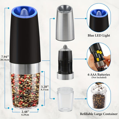 Gravity Electric Salt and Pepper Grinder Set, Battery Powered LED Light One Hand Automatic Operation, Adjustable Coarseness Mill Grinders Shakers Black, Kitchen Gadgets Gift Ideas