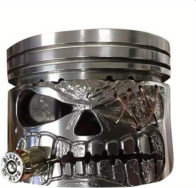 Piston Skull Face Sculpture - Handmade Carving Metal Art Figurine with Intricate Details, Carved Skeleton Face Ornament for Office, Home, or Table Desk Decor, Perfect for Car Lovers