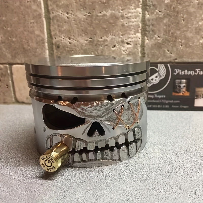 Piston Skull Face Sculpture - Handmade Carving Metal Art Figurine with Intricate Details, Carved Skeleton Face Ornament for Office, Home, or Table Desk Decor, Perfect for Car Lovers