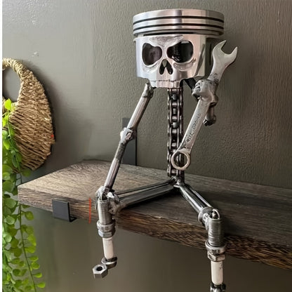 Piston Skull Face Sculpture - Handmade Carving Metal Art Figurine with Intricate Details, Carved Skeleton Face Ornament for Office, Home, or Table Desk Decor, Perfect for Car Lovers