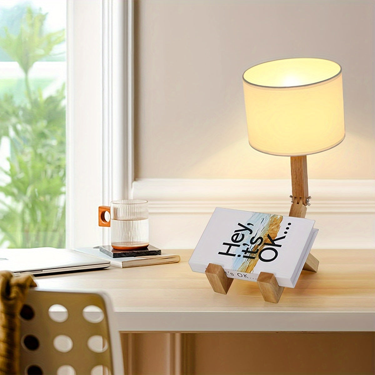 Whimsical Robot Desk Lamp - Adjustable Wooden Table Lamp with Creative Base, Fun Funky Reading Light, DIY Bedside Lamp for Bedroom, Office, Study Desk - Bulbs Not Included