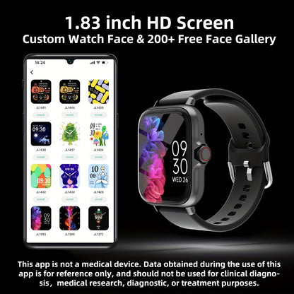 1.83'' Full-Touch Display Waterproof Smartwatch - Fitness Tracker with Message, Call, Sleep Monitoring, Pedometer, Alerts for iPhone/Android Phones - Perfect Gift for Women, Men, Friends, and Family