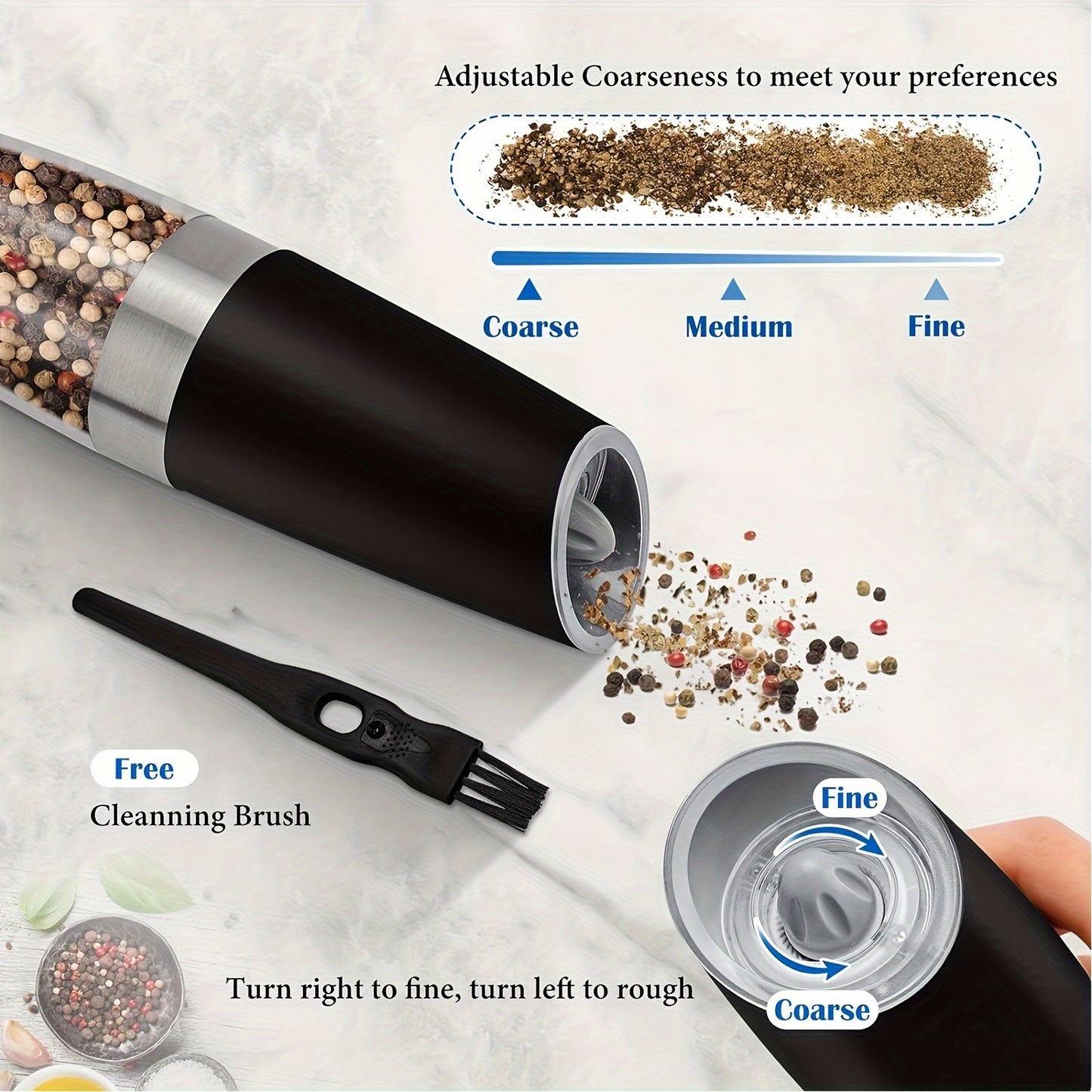 Gravity Electric Salt and Pepper Grinder Set, Battery Powered LED Light One Hand Automatic Operation, Adjustable Coarseness Mill Grinders Shakers Black, Kitchen Gadgets Gift Ideas