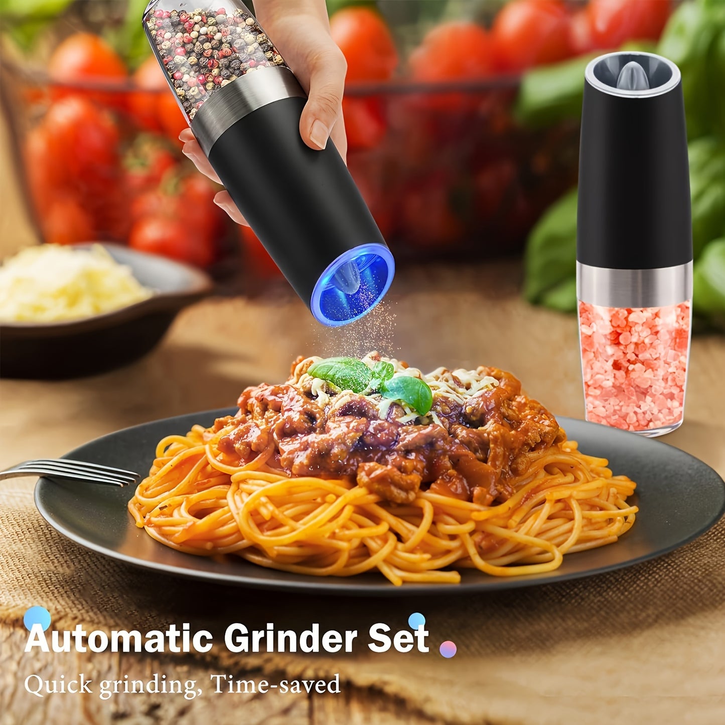 Gravity Electric Salt and Pepper Grinder Set, Battery Powered LED Light One Hand Automatic Operation, Adjustable Coarseness Mill Grinders Shakers Black, Kitchen Gadgets Gift Ideas