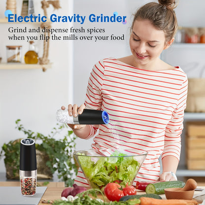 Gravity Electric Salt and Pepper Grinder Set, Battery Powered LED Light One Hand Automatic Operation, Adjustable Coarseness Mill Grinders Shakers Black, Kitchen Gadgets Gift Ideas