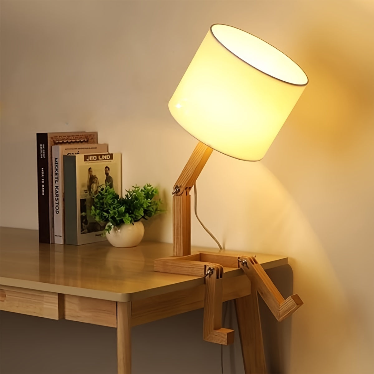 Whimsical Robot Desk Lamp - Adjustable Wooden Table Lamp with Creative Base, Fun Funky Reading Light, DIY Bedside Lamp for Bedroom, Office, Study Desk - Bulbs Not Included