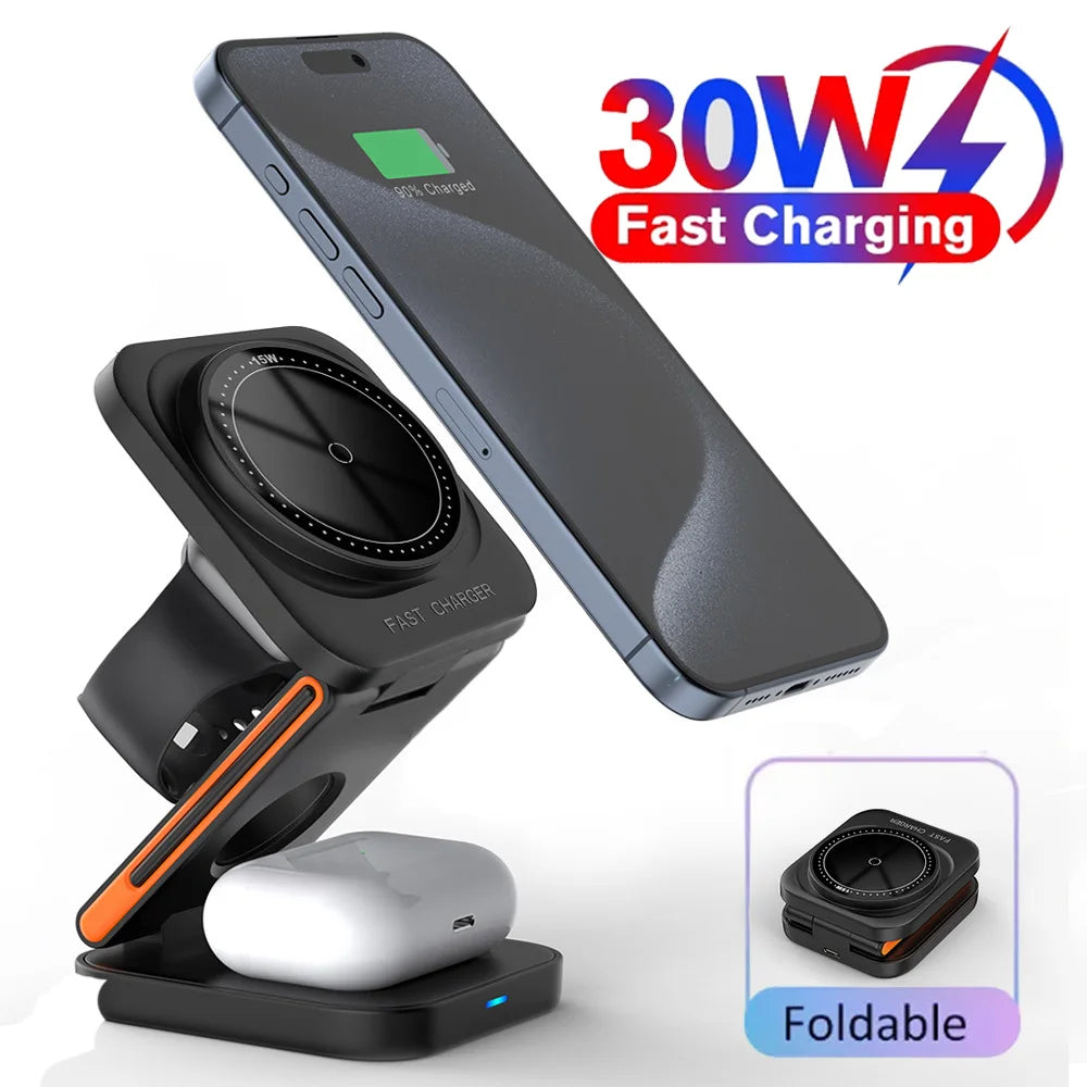 30W 3 in 1 Wireless Charger Phone Magnetic Foldable Wireless Charging Station for iPhone 16 15 14 13Pro Apple Watch 8 9 Airpods